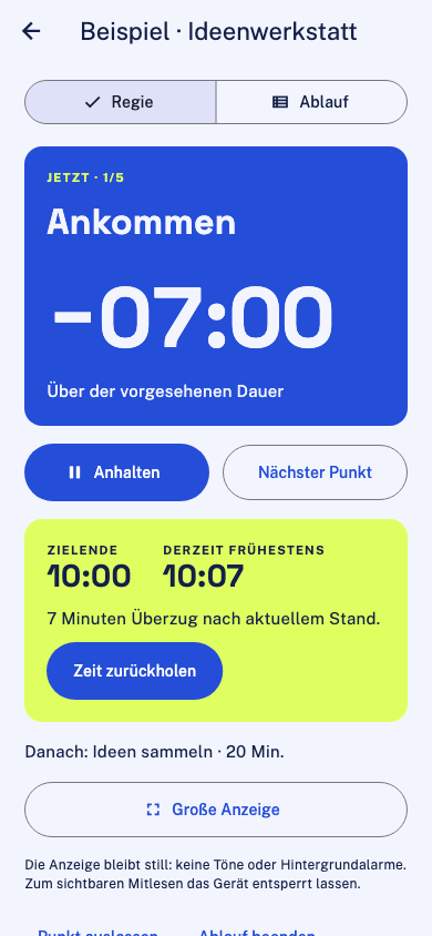Minutenregie zeigt sieben Minuten Überzug und die Aktion Zeit zurückholen
